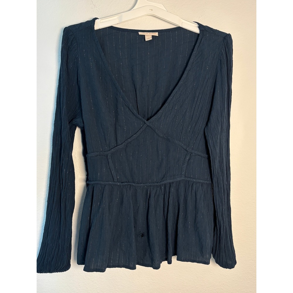 Knox Rose‎ Navy Blue Metallic Pinstripe Peplum Top V-Neck Long Sleeve L
